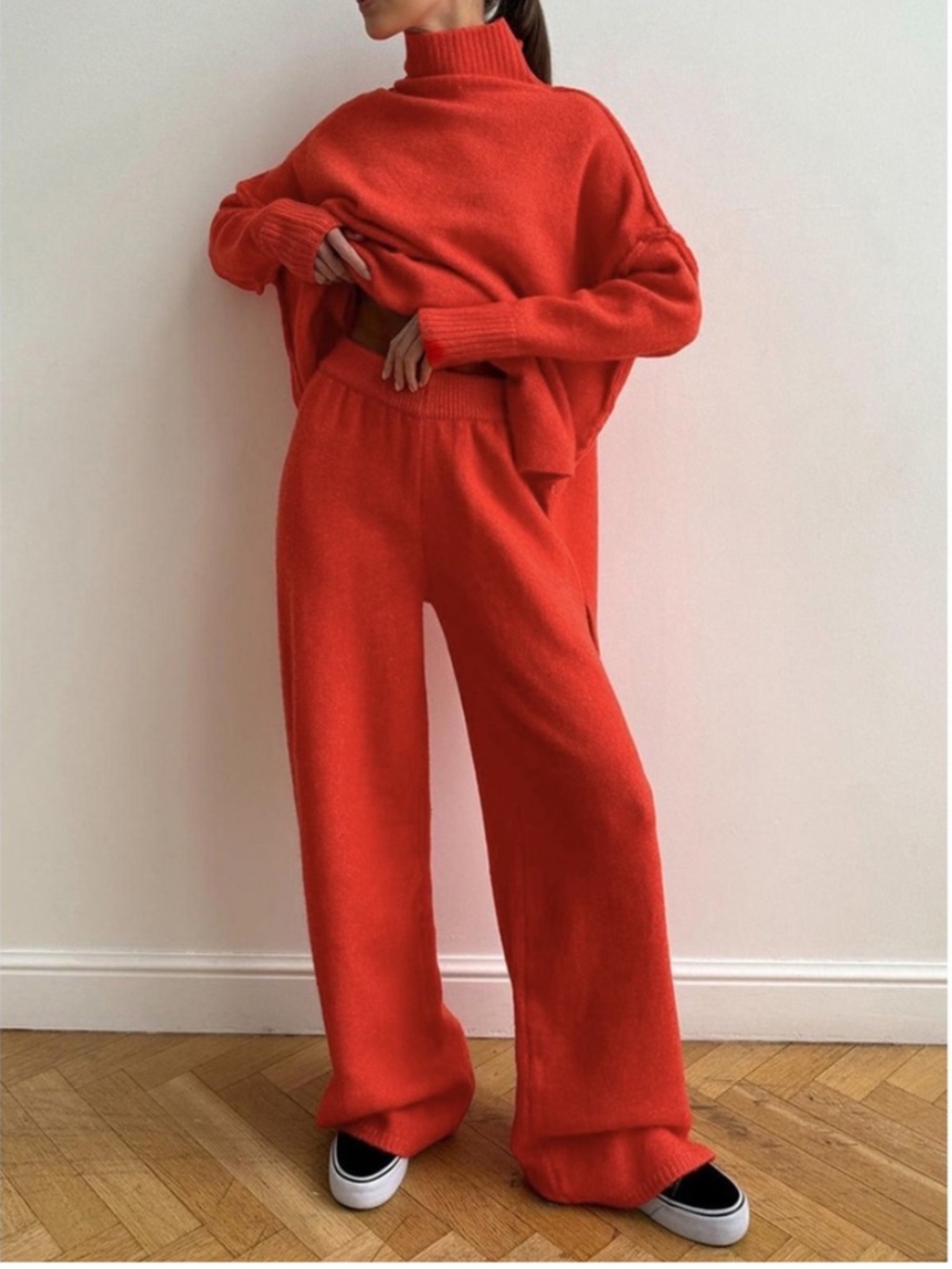 Plain Turtleneck Knit Pants Set Commense red set